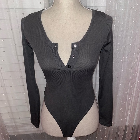 Grey Ribbed Button Up BodySuit - Picture 2 of 7